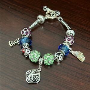 Silver plated and Multicolor crystal beads Charms Bracelet 7”